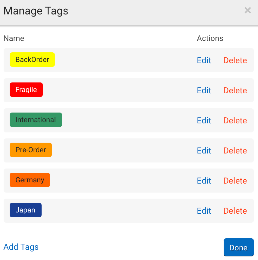 Manage Tags pop-up window includes International, Germany, and Japan order tags.