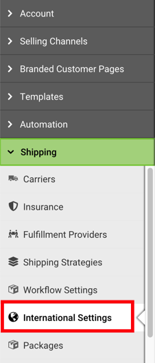 Settings Sidebar: Shipping dropdown. Red box highlights International Settings option.