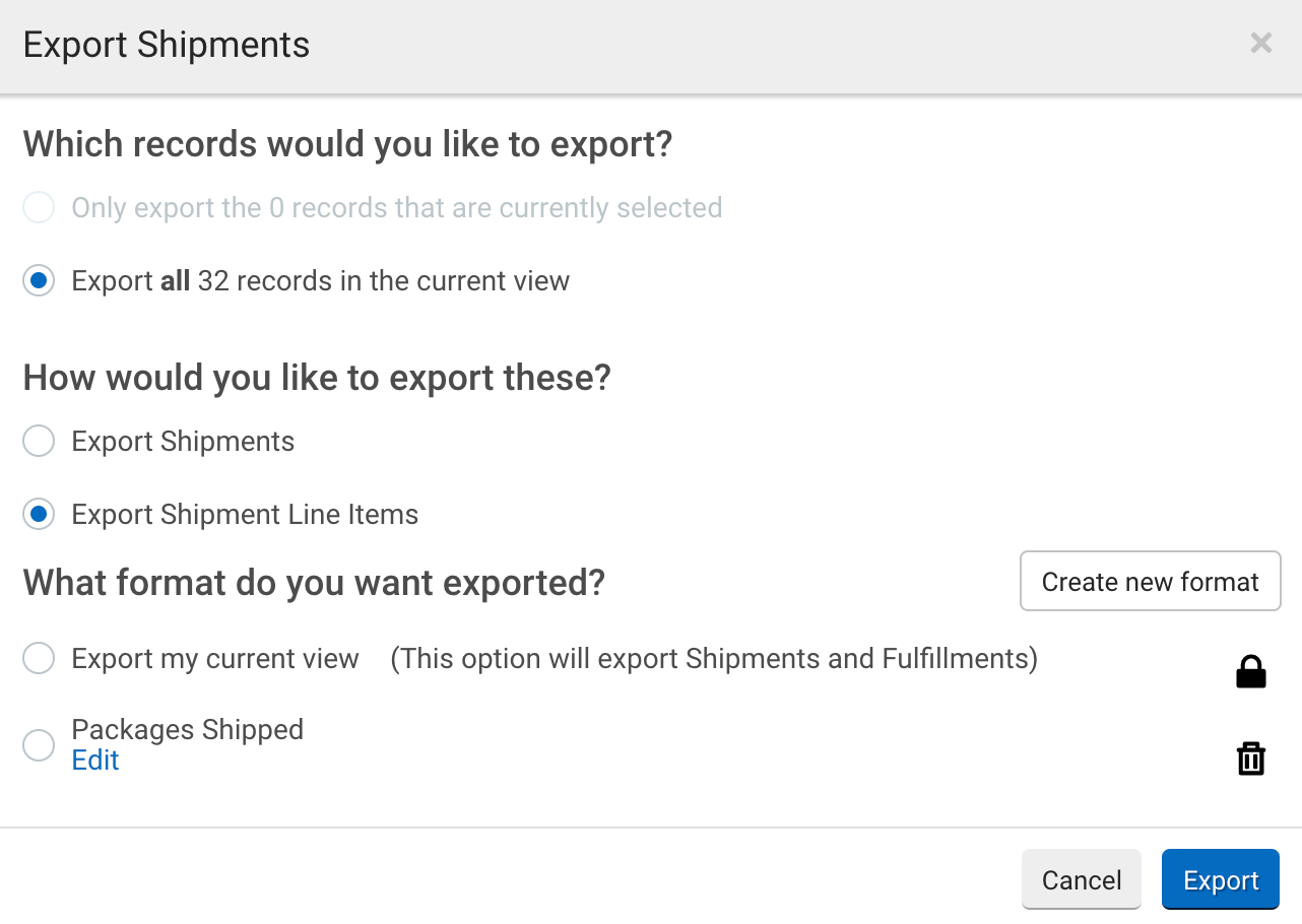 Export Shipments pop-up window with options to Export Shipment Line Items for all records selected.