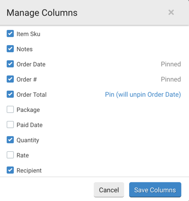 Manage Columns pop-up. Hover over a visible but non-pinned column & message reads, "Pin (will unpin Order Date)"