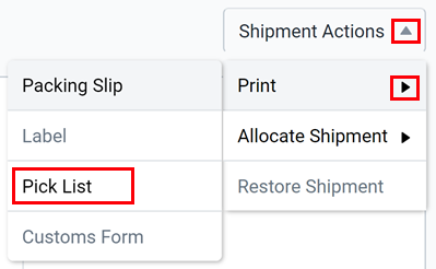 Click shipment actions and select print > pick list.