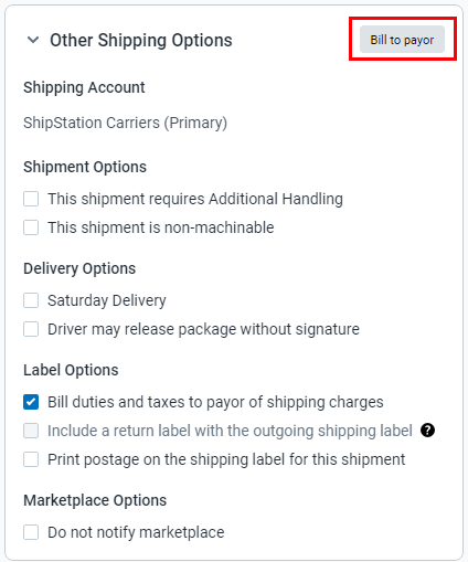 The Bill to Payor option is displayed in the other shipping options section heading.