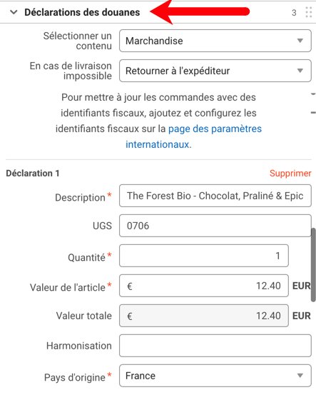 Configure Shipment Widget (CSW). French language, France-specific image. Arrow points to Customs Declaration dropdown menu.