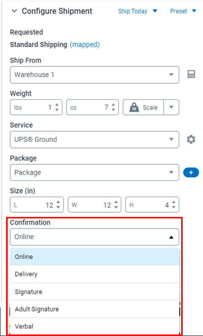 Shipping sidebar with Confirmation drop-down options highlighted, adult signature selected.
