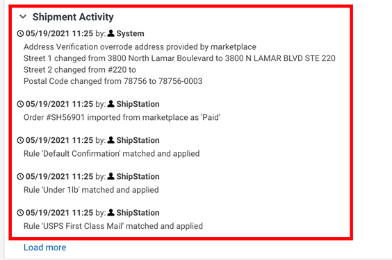 Shipment Activity expanded in Shipment panel of Order Details window with Shipment Activity highlighted