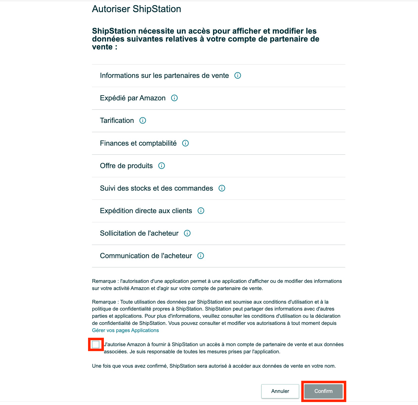 Amazon Authorization screen with the authorization checkbox highlighted.