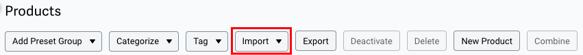 Product tab highlighted Import button.