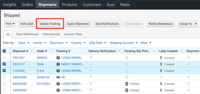 Shipments tab: shows an order selected with box around the Update Tracking button.