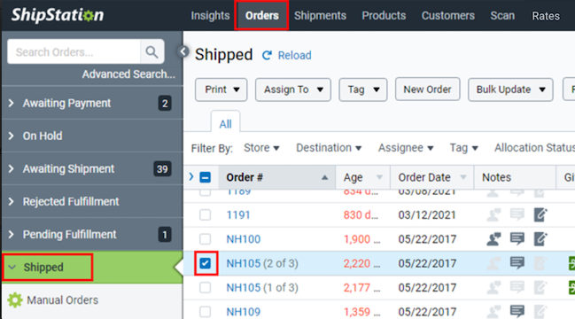 Select orders > shipped. Then select the order.