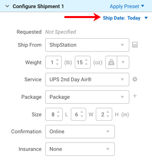 Configure Shipment Widget, with red arrow pointing to Ship Date