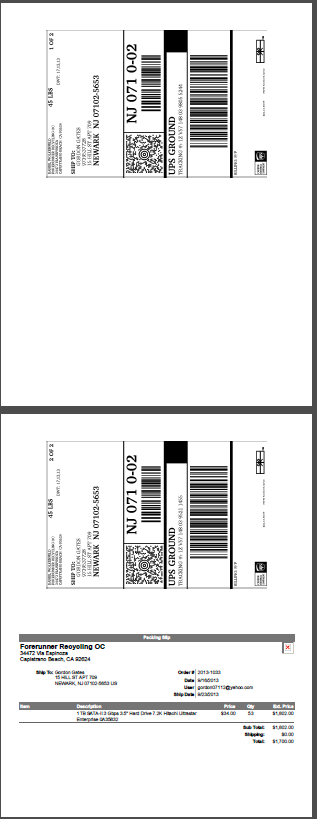 Label printing layout with labels printed on top of page and packing slip on the bottom of the page.