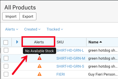 Product Inventory Alerts column highlighted red icon.
