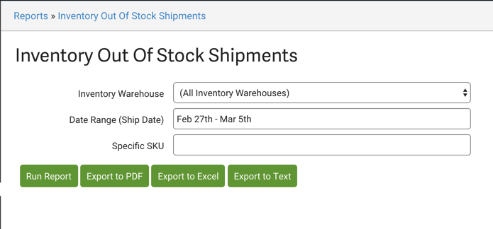 Inventory Out of Stock Shipments report download menu.