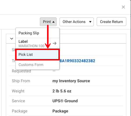 Shipment Detail Print menu with Pick List option highlight.