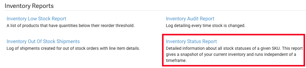 Inventory reports with option Inventory Status Report highlighted.