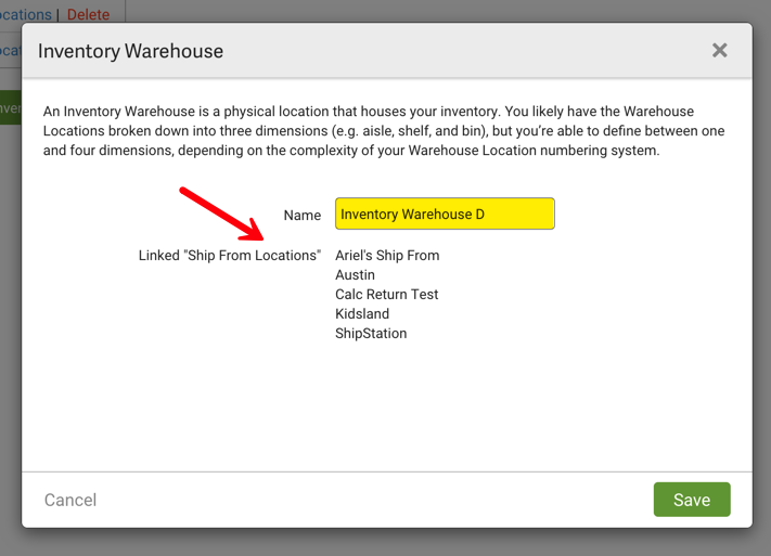 Inventory Warehouse popup. Red arrow points to Linked "ShipFrom Locations"
