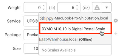 Configure shipment widget Scale drop-down menu options, with DYMO scale highlighted