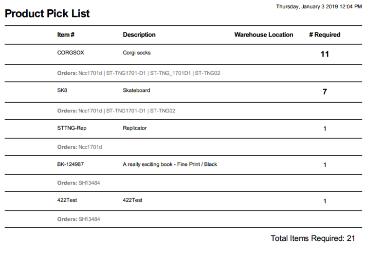 ShipStation Product Pick List example document