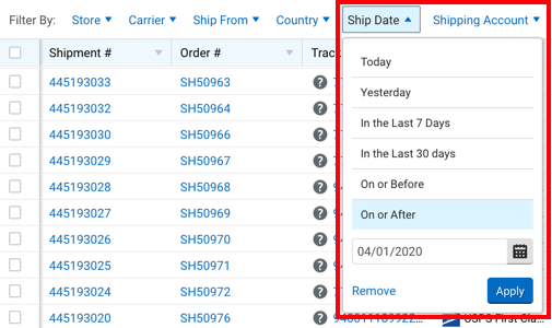 Shipments grid, Ship Date filter marked