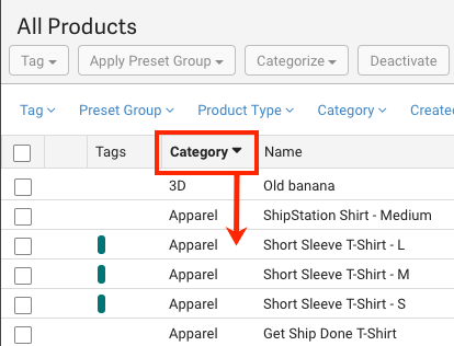 Product grid Category column highlighted.