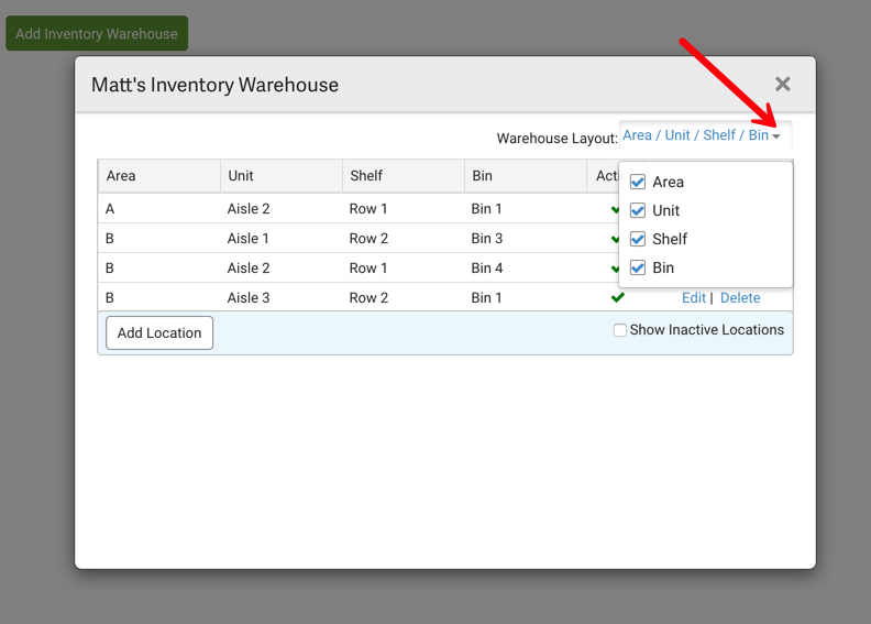 Settings: Inventory Warehouse. Red arrow points to Warehouse Layout options: Area, Unit, Shelf, Bin