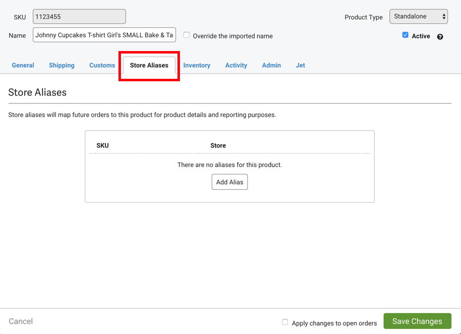 Product Details with Store Aliases tab highlighted.