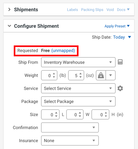 V3 shipping sidebar with the unmapped requested service outlined in red