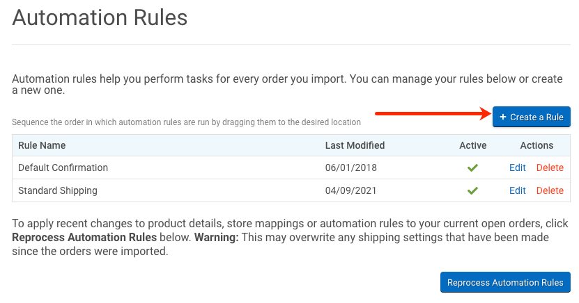 Automation Rules: Arrow points to + Create a Rule button