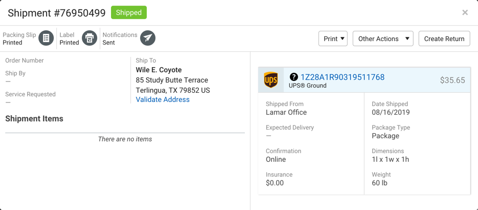 Create Shipment from Customer Record: shows created order in Shipped status, tracking number