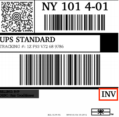 UPS sample label with "INV" designation highlighted by red box.