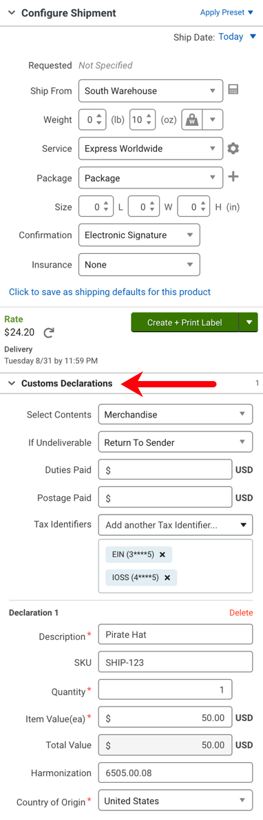 Shipping sidebar with the customs declaration section highlighted