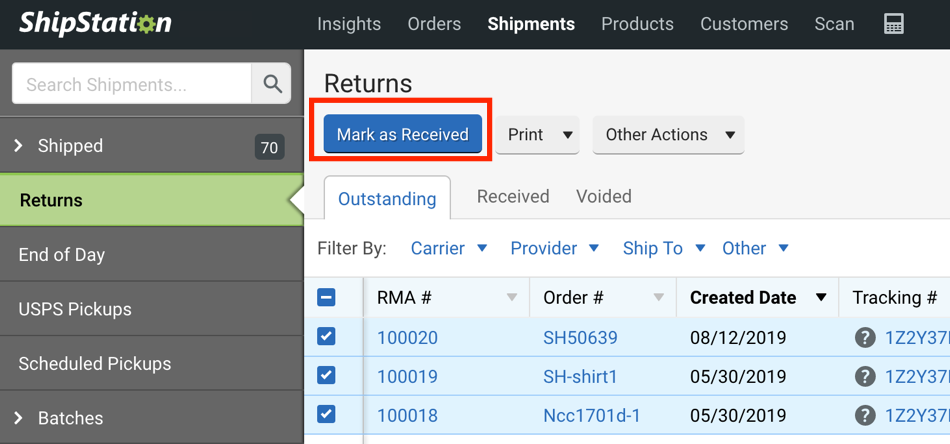 V3 Shipping Returns grid with Mark as Received button highlighted.