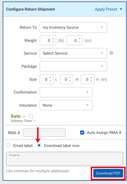 Closeup of Configure Return Shipment Widget. Arrow to Download Label Now option, box highlights Download PDF button.