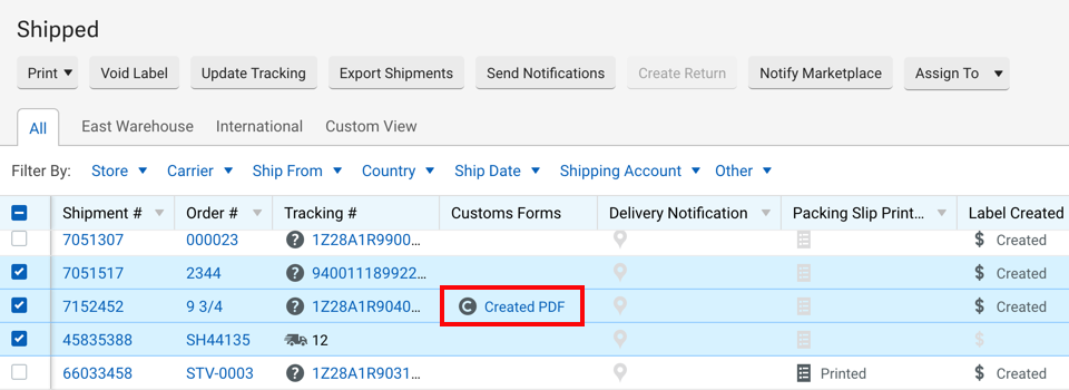 V3 Shipping Grid has a Customs Forms column with 'Created PDF' boxed in red for an order.
