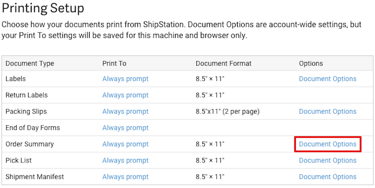 Printing Setup, Order Summary, Options. Red box highlights Document Options action.