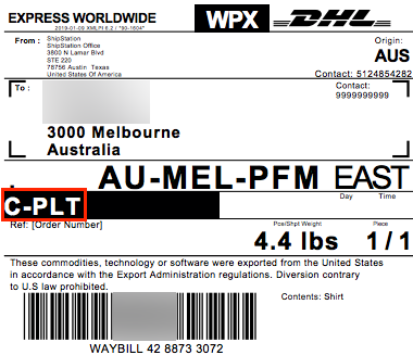 DHL Express Label highlighting "C-PLT" designation for Customs Paperless Trade submission