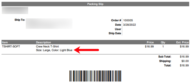 Red arrow points to item options listed on example packing slip under "Description."