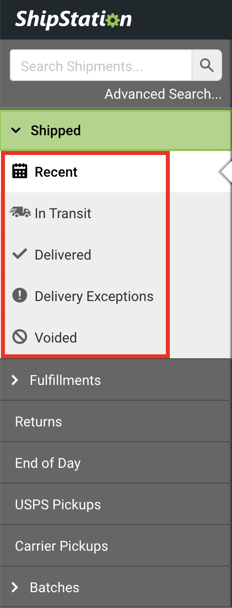 V3 Shipments Sidebar, Shipped tab tracking statuses outlined