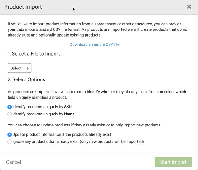 Product Import popup. 1: Select File button. 2: radio button options: ID products by SKU or name. Choose to update or only import products