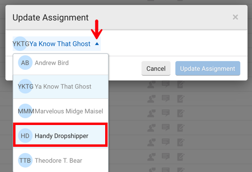 Update Assignment popup with the user dropdown open, arrow points to another username.