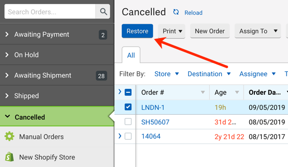 An arrow points to the Restore button in the cancelled orders screen.