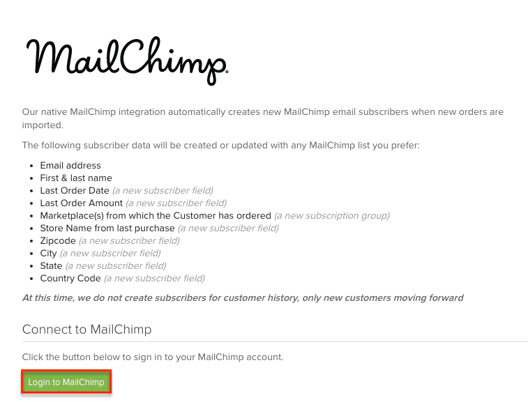 Page de connexion MailChimp avec le bouton « Se connecter à MailChimp » encadré en rouge.