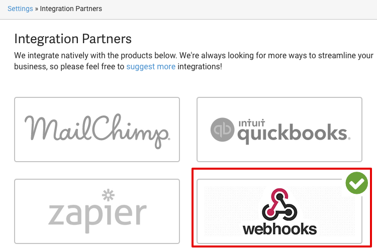 Partenaires d'intégration avec icône des webhooks encadrée en rouge