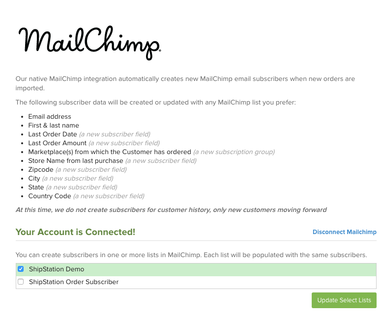 Sélection d'un compte MailChimp