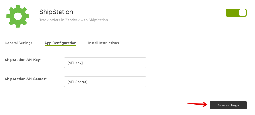ZenDesk App Configuration tab with arrow pointing to Save Settings.