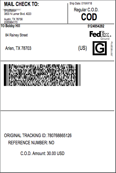 Example FedEx label that includes Cash on Delivery designation, "COD."