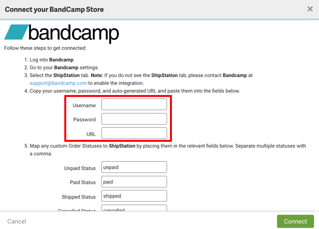 Connect Bandcamp Store form with credential fields highlighted.