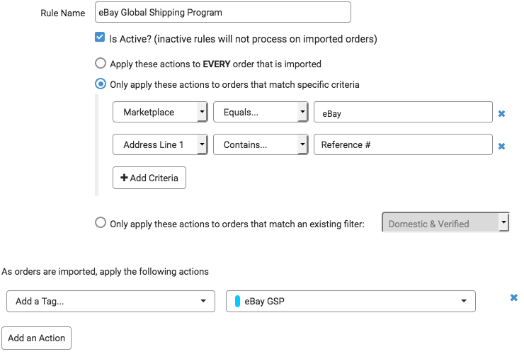 Automation Rule Example for eBay, Global Shipping Program