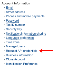 PayPal Account Information with arrow pointing to Request API credentials list item.