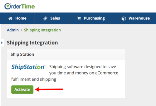 Ordertime Shipping Integration ShipStation with arrow pointing to Activate button.